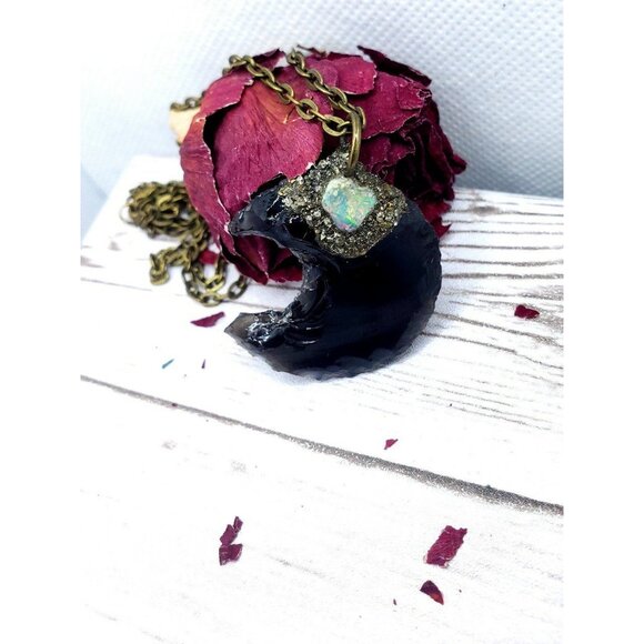 Obsidian and opal moon pyrite encrusted Necklace - Picture 5 of 10